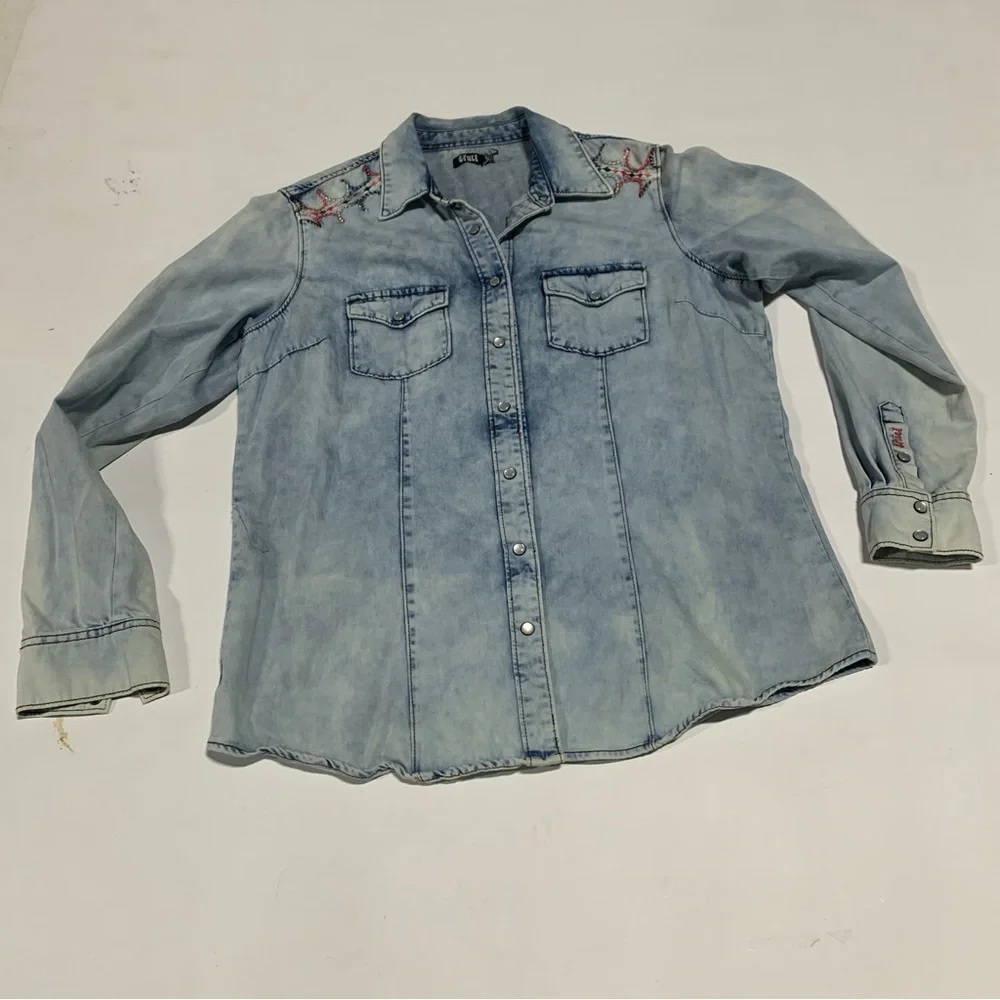 Cruel‎ XL Women Light Blue Soft Denim Western Pearl Snap Buttons 2322 Embroidery